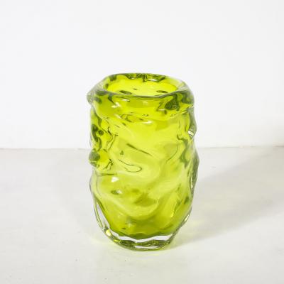 Caleb Siemon Modernist Hand Blown Undulating Art Glass Peridot Green Vase signed Caleb Siemon
