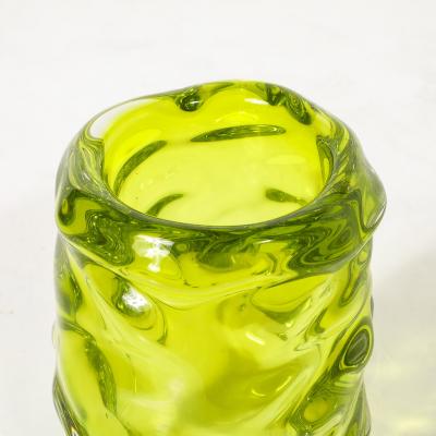 Caleb Siemon Modernist Hand Blown Undulating Art Glass Peridot Green Vase signed Caleb Siemon