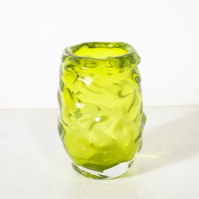 Caleb Siemon Modernist Hand Blown Undulating Art Glass Peridot Green Vase signed Caleb Siemon