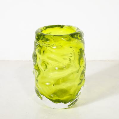 Caleb Siemon Modernist Hand Blown Undulating Art Glass Peridot Green Vase signed Caleb Siemon