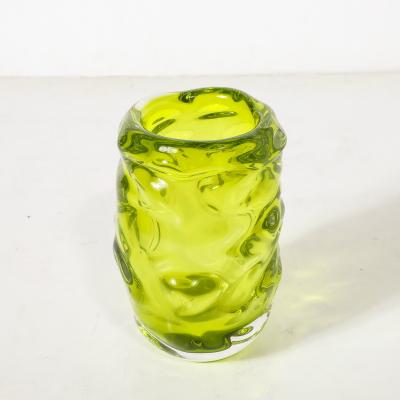 Caleb Siemon Modernist Hand Blown Undulating Art Glass Peridot Green Vase signed Caleb Siemon