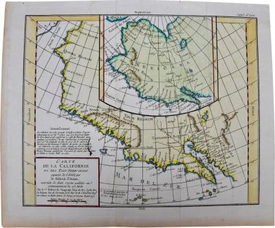 California Alaska and Mexico 18th Century Hand Colored Map by de Vaugondy