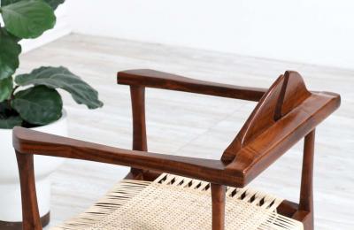 California Modern Walnut Cane Arm Chair by Gene L Hackleman