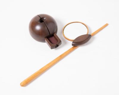 California Studio Craft Handheld Boudouir Mirror on Walnut Stand w Ring Drawer