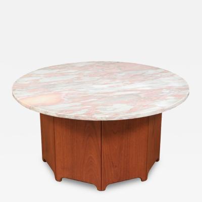 Californian Modern Sculpted Teak Coffee Table w Pink Marble Top
