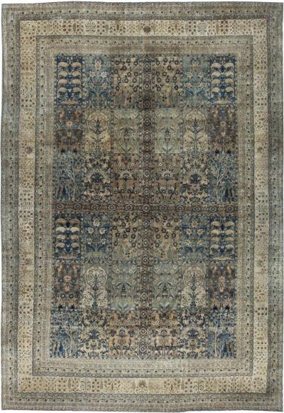 Camel and Pastel Blue Antique Persian Kirman Rug