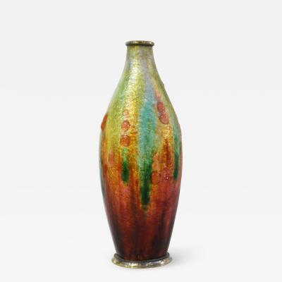Camille Faur Camille Faure Art Nouveau French Limoges Yellow Green Red Enamels Copper Vase
