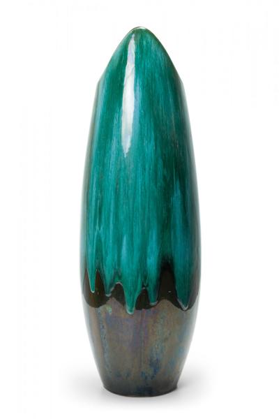 Canadian Mid Century Tapered Scooped Rim Multi Tonal Green Drip Glazed Ceramic V