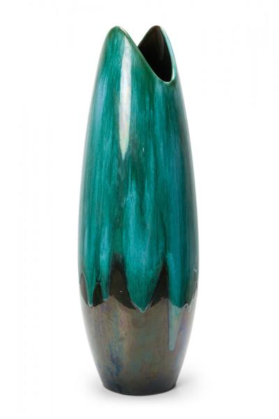 Canadian Mid Century Tapered Scooped Rim Multi Tonal Green Drip Glazed Ceramic V
