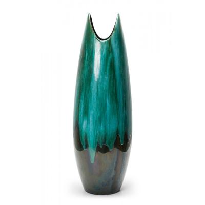 Canadian Mid Century Tapered Scooped Rim Multi Tonal Green Drip Glazed Ceramic V