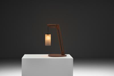 Cantilever Wooden Table Lamp with Suspended Glass Shade Europe 1980s