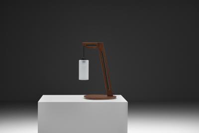 Cantilever Wooden Table Lamp with Suspended Glass Shade Europe 1980s