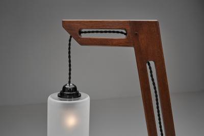 Cantilever Wooden Table Lamp with Suspended Glass Shade Europe 1980s