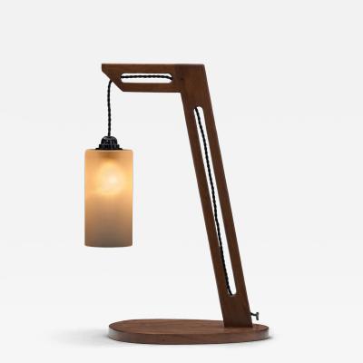 Cantilever Wooden Table Lamp with Suspended Glass Shade Europe 1980s
