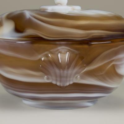 Caramel marbled glass dressing table bathroom shell dish with lid