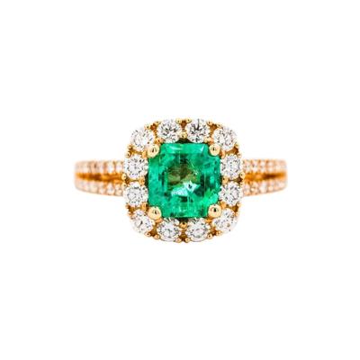 Carat TW Colombian Emerald Diamond Halo Ring in 18K Yellow Gold 2 Row Setting