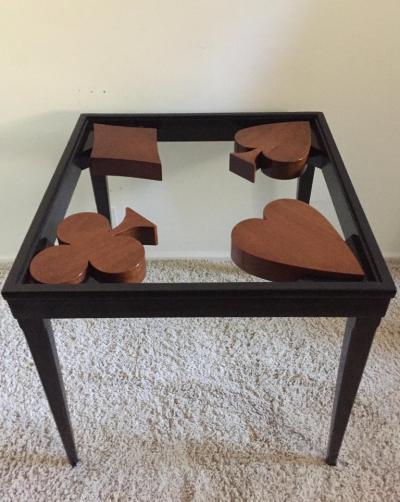Card Table or Game Table Handcrafted with Spade Club Diamond Heart Design Top