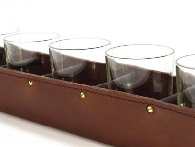 Carl Aub ck Carl Aub ck II Drinking Glass Carrying Rack Leather Brass Austria 1950s