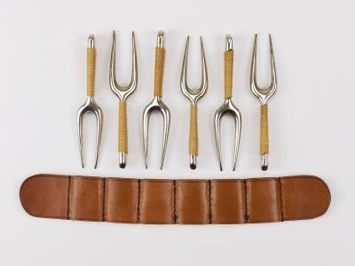 Carl Aub ck Carl Aubock 6 Forks with Leather Holder Corn Cob Skewers 3679 Vienna 1930s