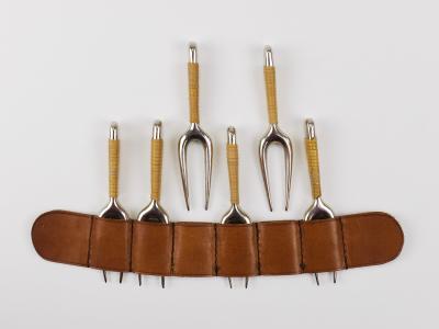 Carl Aub ck Carl Aubock 6 Forks with Leather Holder Corn Cob Skewers 3679 Vienna 1930s