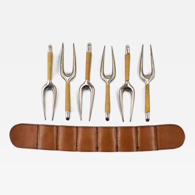 Carl Aub ck Carl Aubock 6 Forks with Leather Holder Corn Cob Skewers 3679 Vienna 1930s