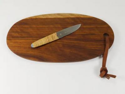 Carl Aub ck Carl Aubock Big Cutting Board with Amboss Knife Wicker Handle Walnut Leather