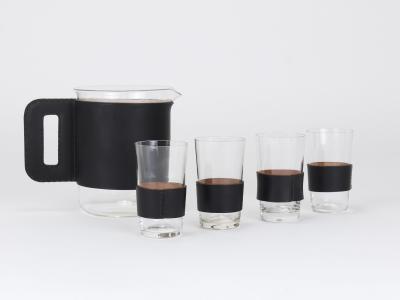 Carl Aub ck Martini Set Black Leather Pitcher Glasses Austria 1950s
