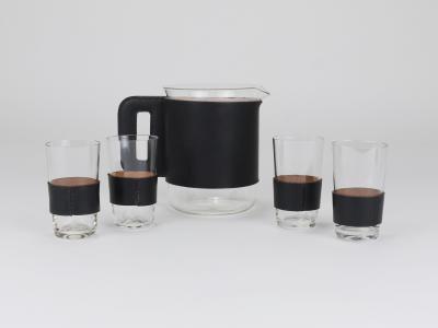 Carl Aub ck Martini Set Black Leather Pitcher Glasses Austria 1950s