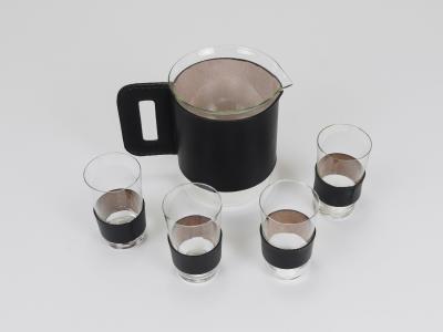 Carl Aub ck Martini Set Black Leather Pitcher Glasses Austria 1950s
