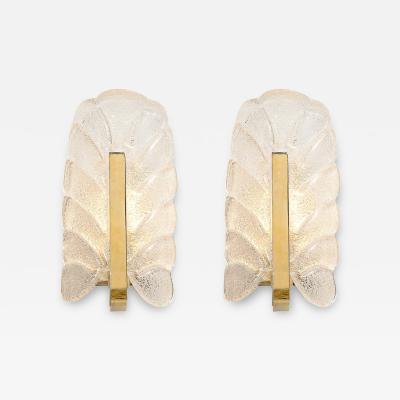 Carl Fagerlund Mid Century Mottled Glass Brass Leaf Sconces by Carl Fagerlund for Orrefors