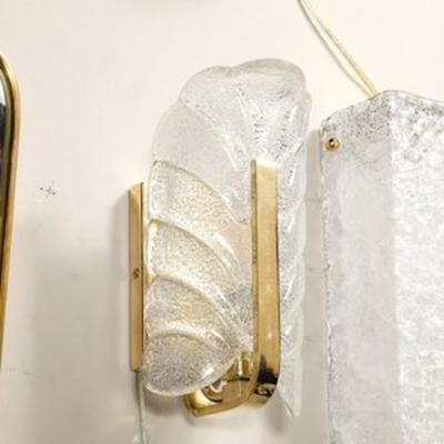 Carl Fagerlund Mid Century Mottled Glass Brass Leaf Sconces by Carl Fagerlund for Orrefors