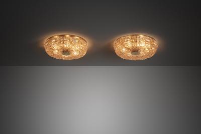 Carl Fagerlund Pair of Crystal Glass and Brass Ceiling Lamps by Carl Fagerlund Sweden ca 1950s
