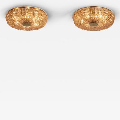 Carl Fagerlund Pair of Crystal Glass and Brass Ceiling Lamps by Carl Fagerlund Sweden ca 1950s