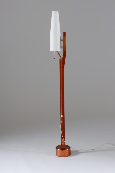 Carl Fagerlund Very Rare Floor Lamp by Orrefors in Teak Copper and Opaline Glass