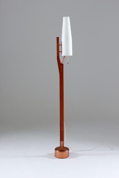 Carl Fagerlund Very Rare Floor Lamp by Orrefors in Teak Copper and Opaline Glass