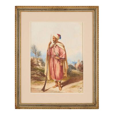 Carl Haag Antique Orientalist Watercolour of an Arab Warrior by Carl Haag