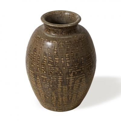 Carl Halier Vase with ridged texture and layered glazes by Carl Halier