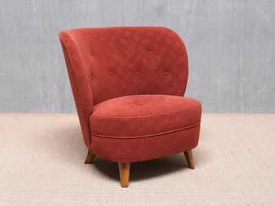 Carl Johan Boman Pair of Carl Johan Boman Easy Chairs in Red Fabric and Birch Finland 1940s