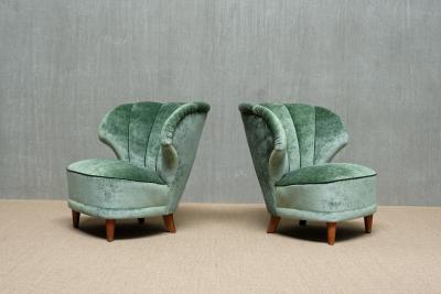 Carl Johan Boman Pair of Carl Johan Boman Lounge Chairs in Jade Green Velvet Finland 1950s