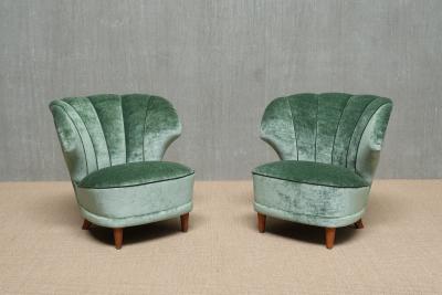 Carl Johan Boman Pair of Carl Johan Boman Lounge Chairs in Jade Green Velvet Finland 1950s