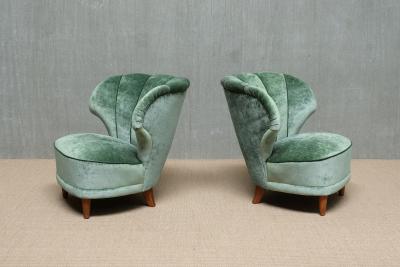 Carl Johan Boman Pair of Carl Johan Boman Lounge Chairs in Jade Green Velvet Finland 1950s