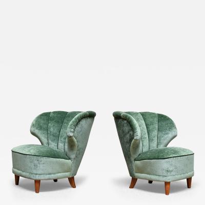 Carl Johan Boman Pair of Carl Johan Boman Lounge Chairs in Jade Green Velvet Finland 1950s