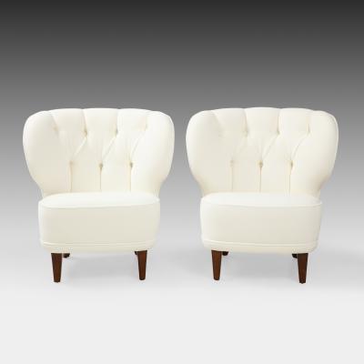 Carl Johan Boman Rare Pair of Ivory Velvet Tufted Easy Chairs by Carl Johan Boman