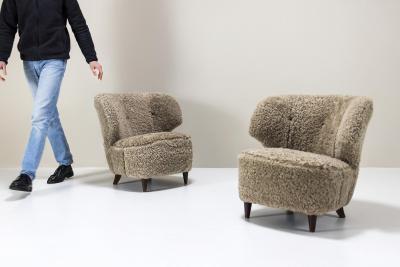 Carl Johan Boman Set of Two Carl Johan Boman Lounge Chairs in Sheepskin for Oy Boman Ab 1940s
