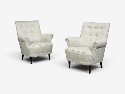 Carl Malmsten Carl Malmsten Lounge Chairs Grey Fabric Wood Sweden 1950s
