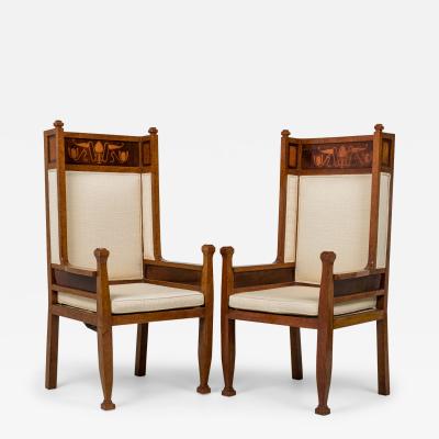 Carl Malmsten Pair of Carl Malmsten Art Deco Swedish Inlaid High Back Upholstered Armchairs