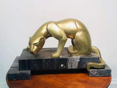 Carlo Bugatti Modernist Pair Of Cubist Cast Brass Panthers On Black Marble Bases