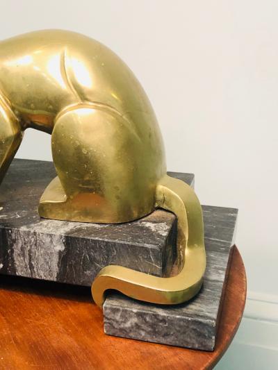 Carlo Bugatti Modernist Pair Of Cubist Cast Brass Panthers On Black Marble Bases