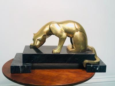Carlo Bugatti Modernist Pair Of Cubist Cast Brass Panthers On Black Marble Bases