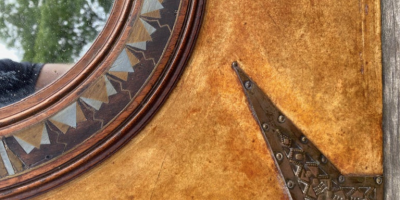 Carlo Bugatti Rare Parchment Walnut and Copper Mirror by Carlo Bugatti